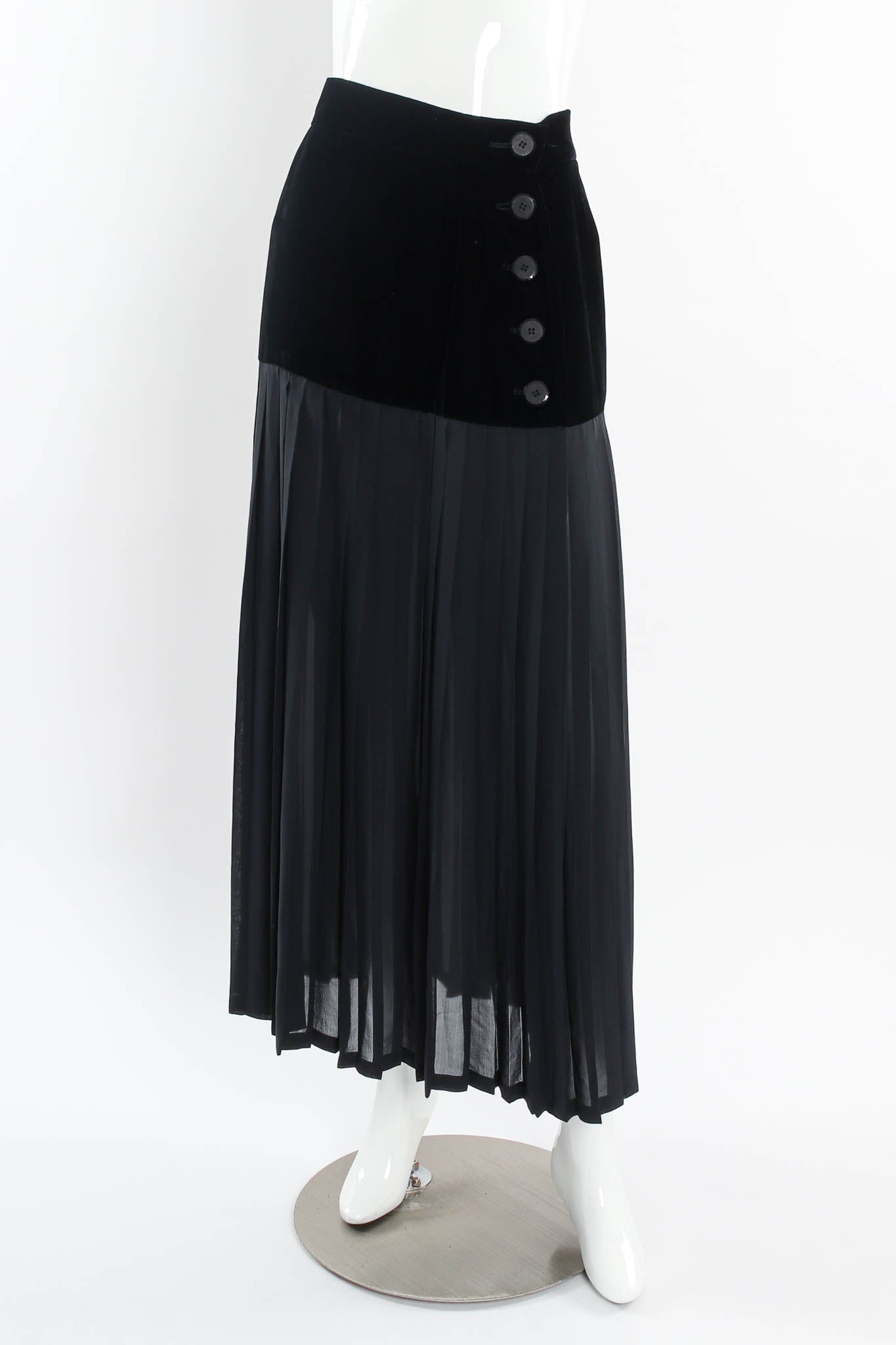 Vintage Yves Saint Laurent Silk Velvet Pleated Skirt mannequin front @ Recess Los Angeles