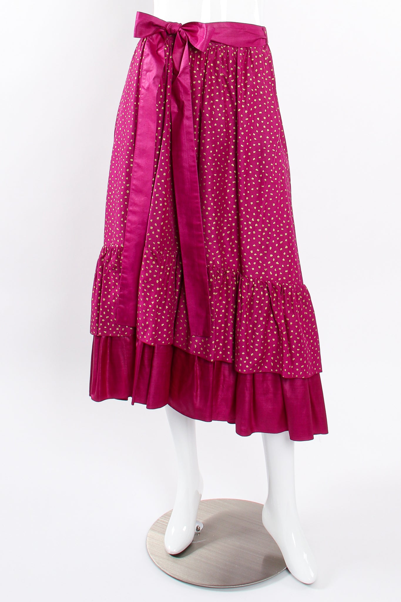 Vintage YSL Yves Saint Laurent Tiered Ruffle Hem Lamé Dot Skirt on Mannequin front at Recess LA