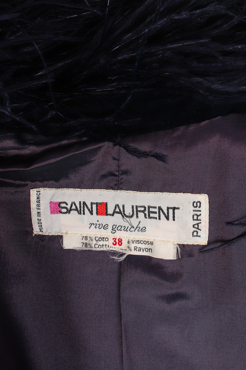 Vintage Yves Saint Laurent Midnight Ostrich Velvet Jacket label at Recess Los Angeles