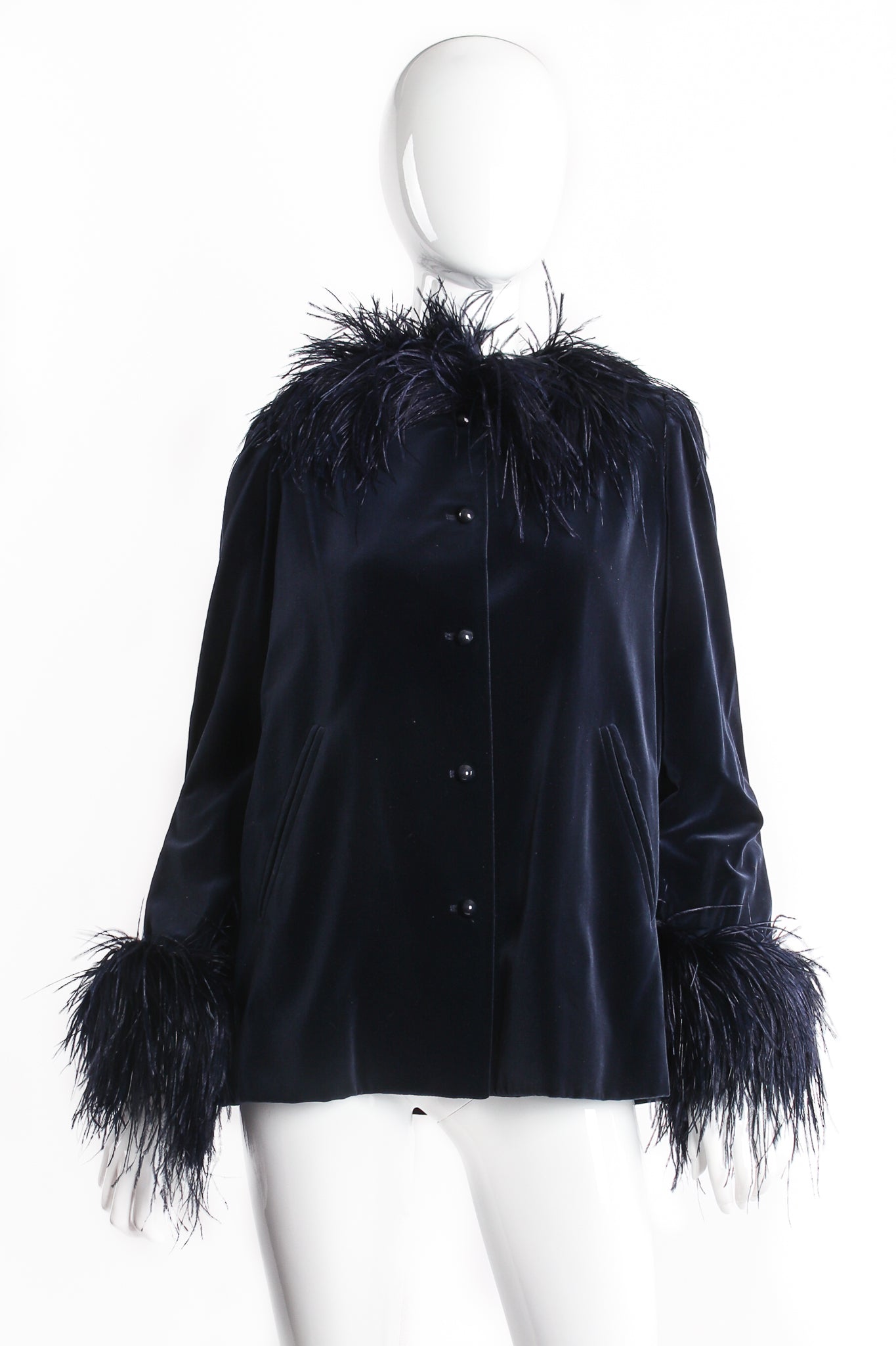 Vintage Yves Saint Laurent Midnight Ostrich Velvet Jacket on Mannequin front at Recess Los Angeles