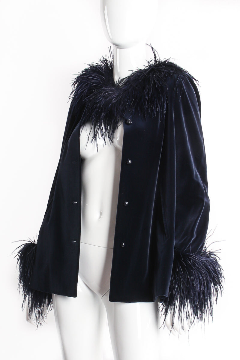 Vintage Yves Saint Laurent Midnight Ostrich Velvet Jacket on Mannequin open at Recess Los Angeles