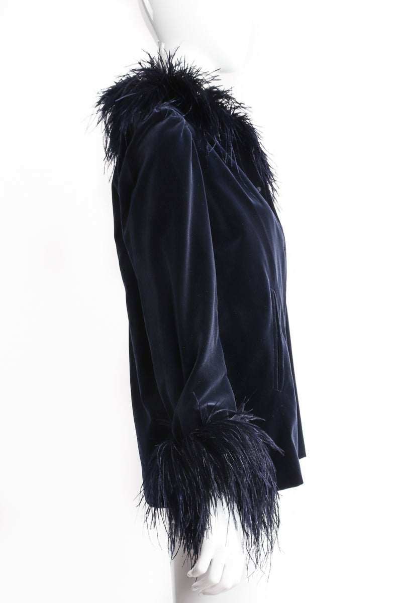 Vintage Yves Saint Laurent Midnight Ostrich Velvet Jacket on Mannequin side at Recess Los Angeles
