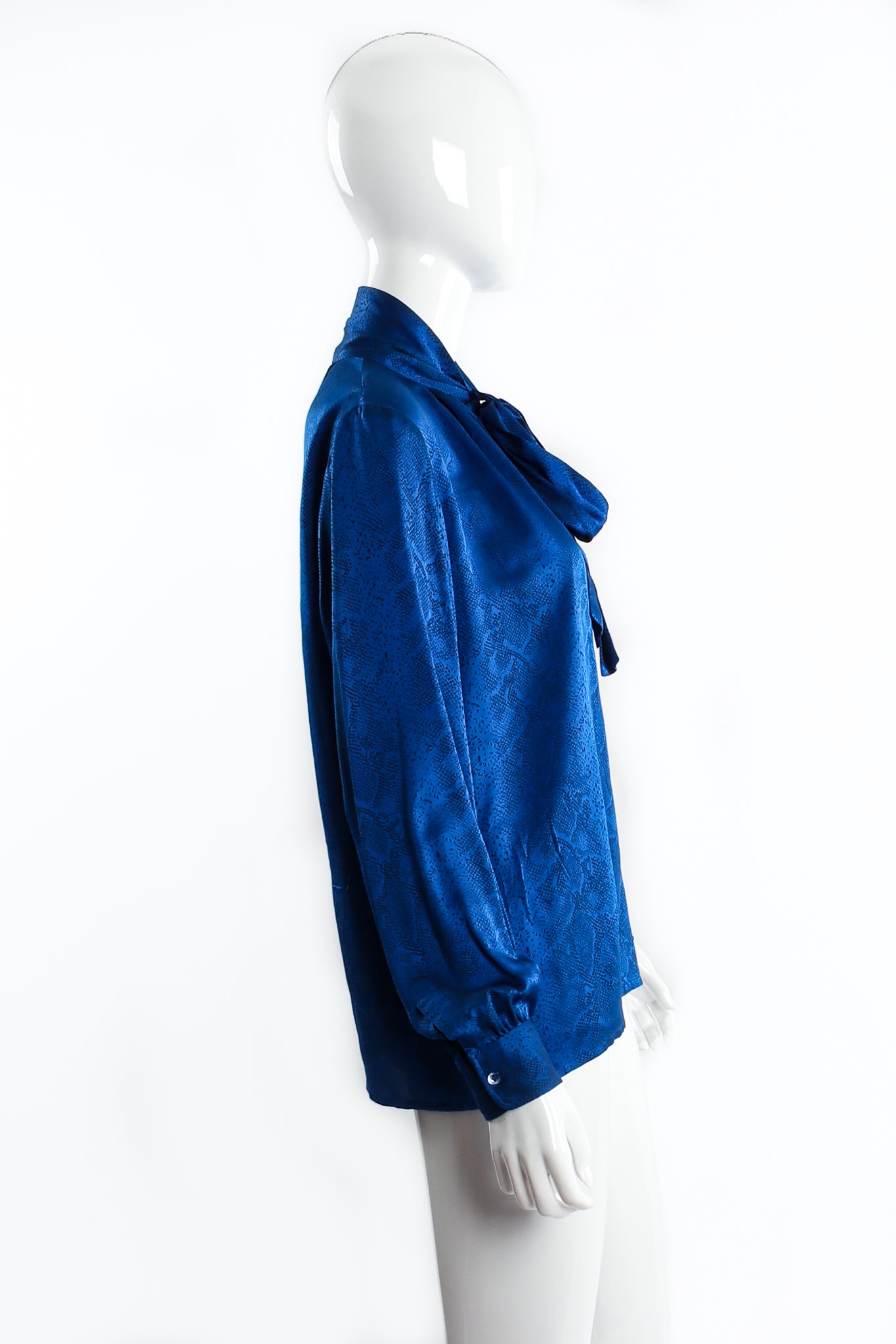 Vintage Yves Saint Laurent YSL Jacquard Snake Silk Bow Blouse on mannequin side at Recess LA