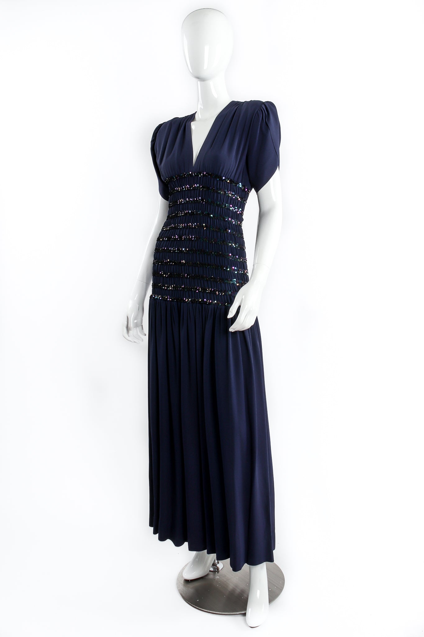 Vintage Yves Saint Laurent YSL Gathered Drop Waist Film Noir Gown on mannequin angle at Recess LA
