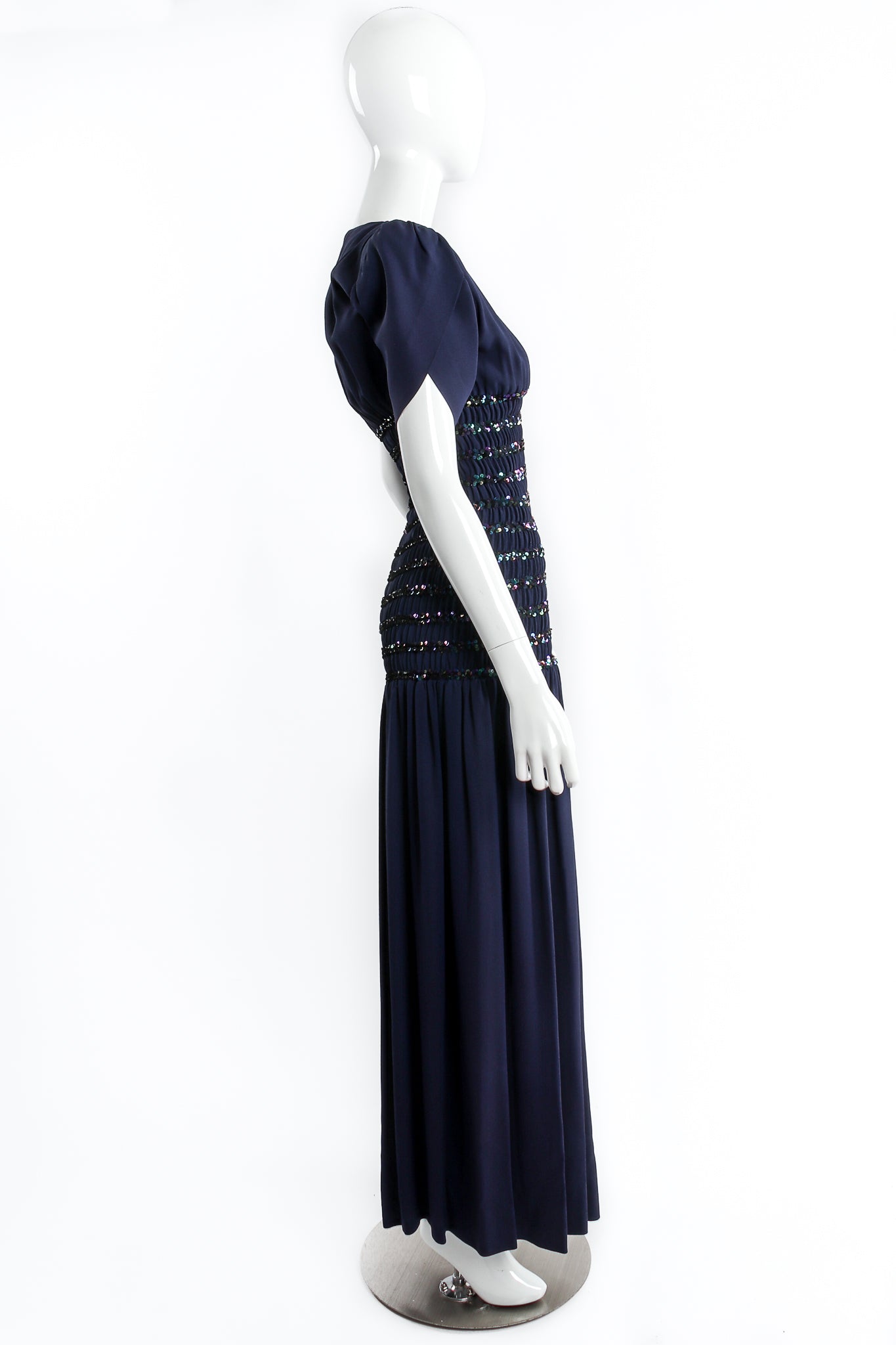 Vintage Yves Saint Laurent YSL Gathered Drop Waist Film Noir Gown on mannequin side at Recess LA