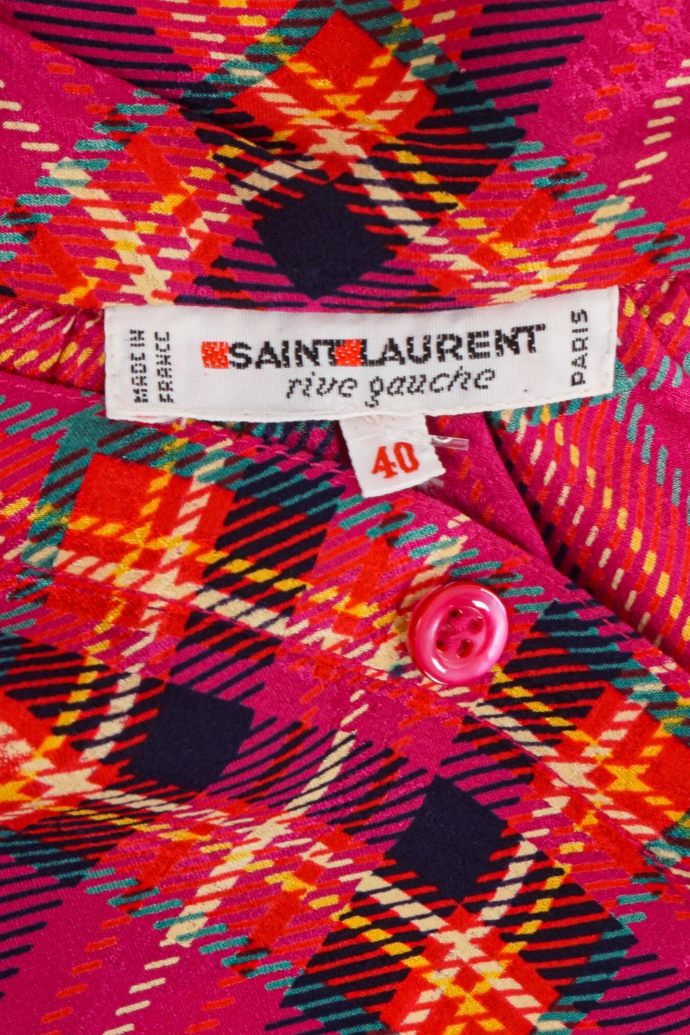 Vintage YSL Yves Saint Laurent Pink Plaid Silk Bow Blouse label at Recess Los Angeles