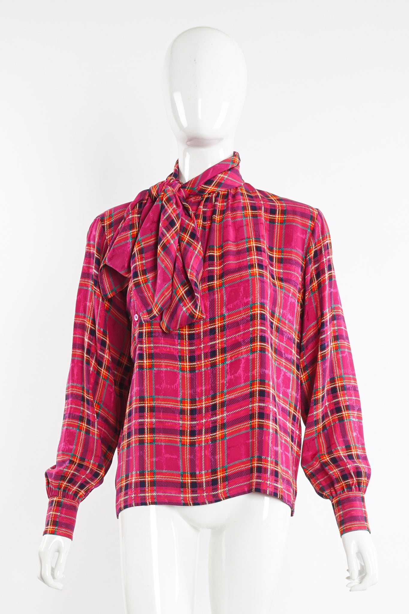 Vintage YSL Yves Saint Laurent Pink Plaid Silk Bow Blouse on Mannequin front at Recess Los Angeles