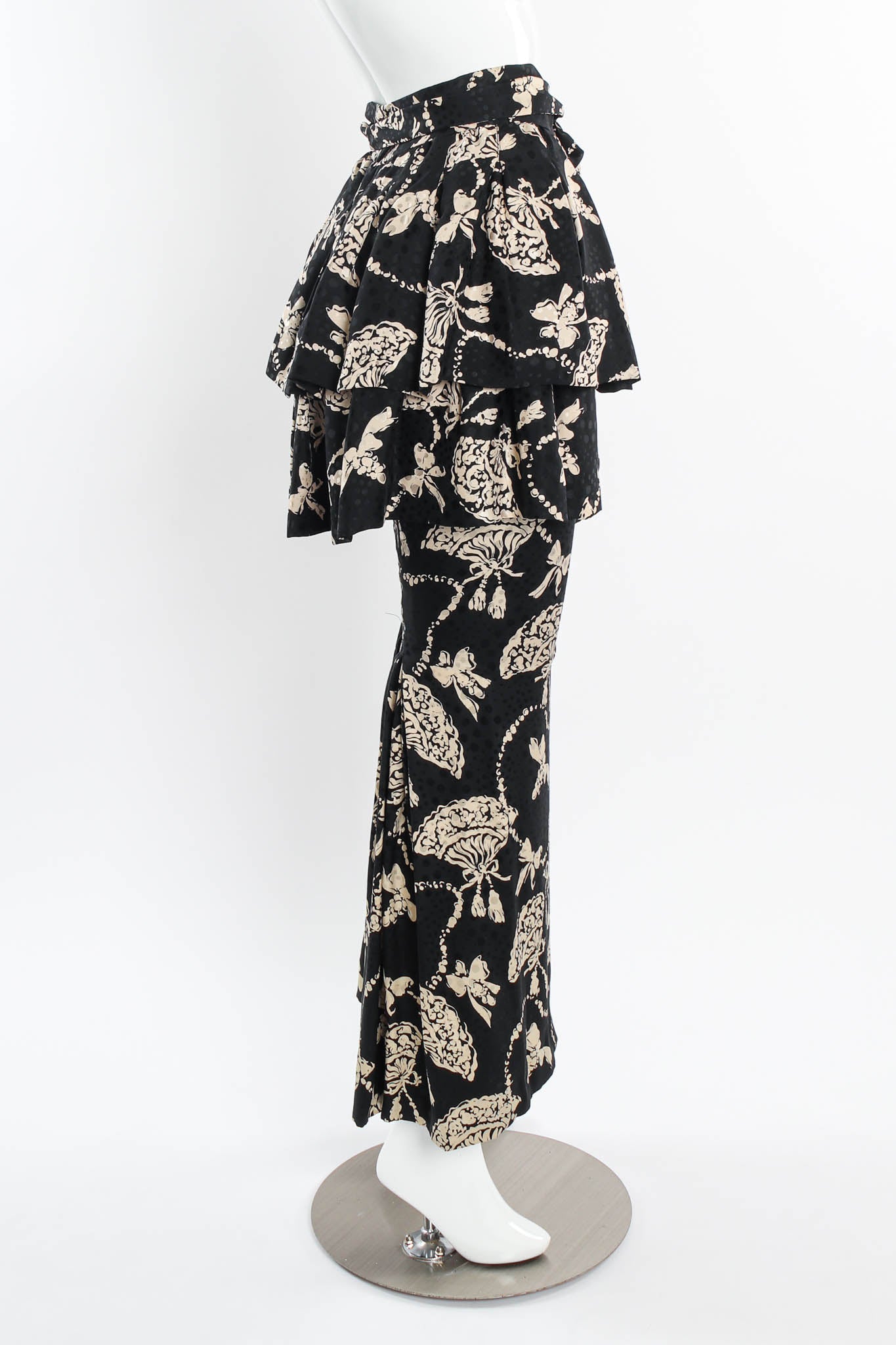 Vintage 80s Yves Saint Laurent Silk Fan Print Top & Skirt Set mannequin side skirt @ Recess LA