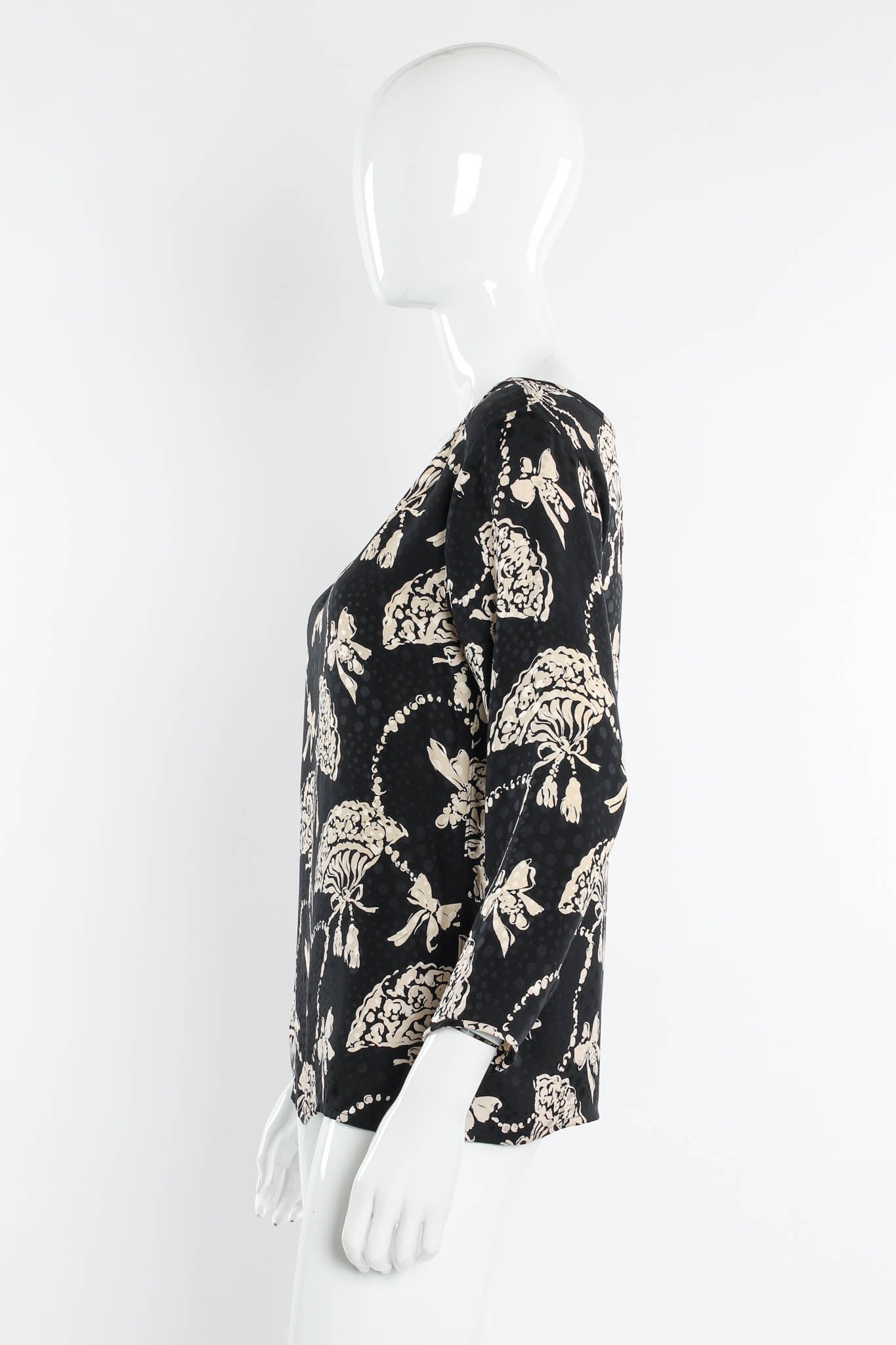 Vintage 80s Yves Saint Laurent Silk Fan Print Top & Skirt Set mannequin top side @ Recess LA