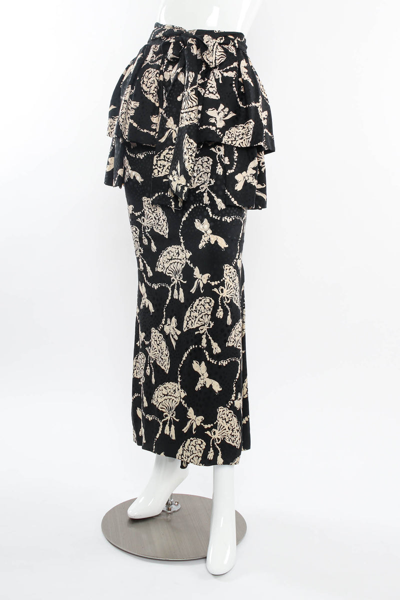 Vintage 80s Yves Saint Laurent Silk Fan Print Top & Skirt Set mannequin skirt front angle @ Recess LA