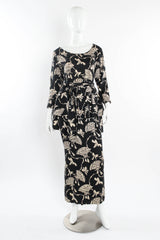 Vintage 80s Yves Saint Laurent Silk Fan Print Top & Skirt Set mannequin front @ Recess LA