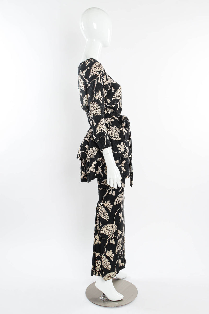 Vintage 80s Yves Saint Laurent Silk Fan Print Top & Skirt Set mannequin side @ Recess LA