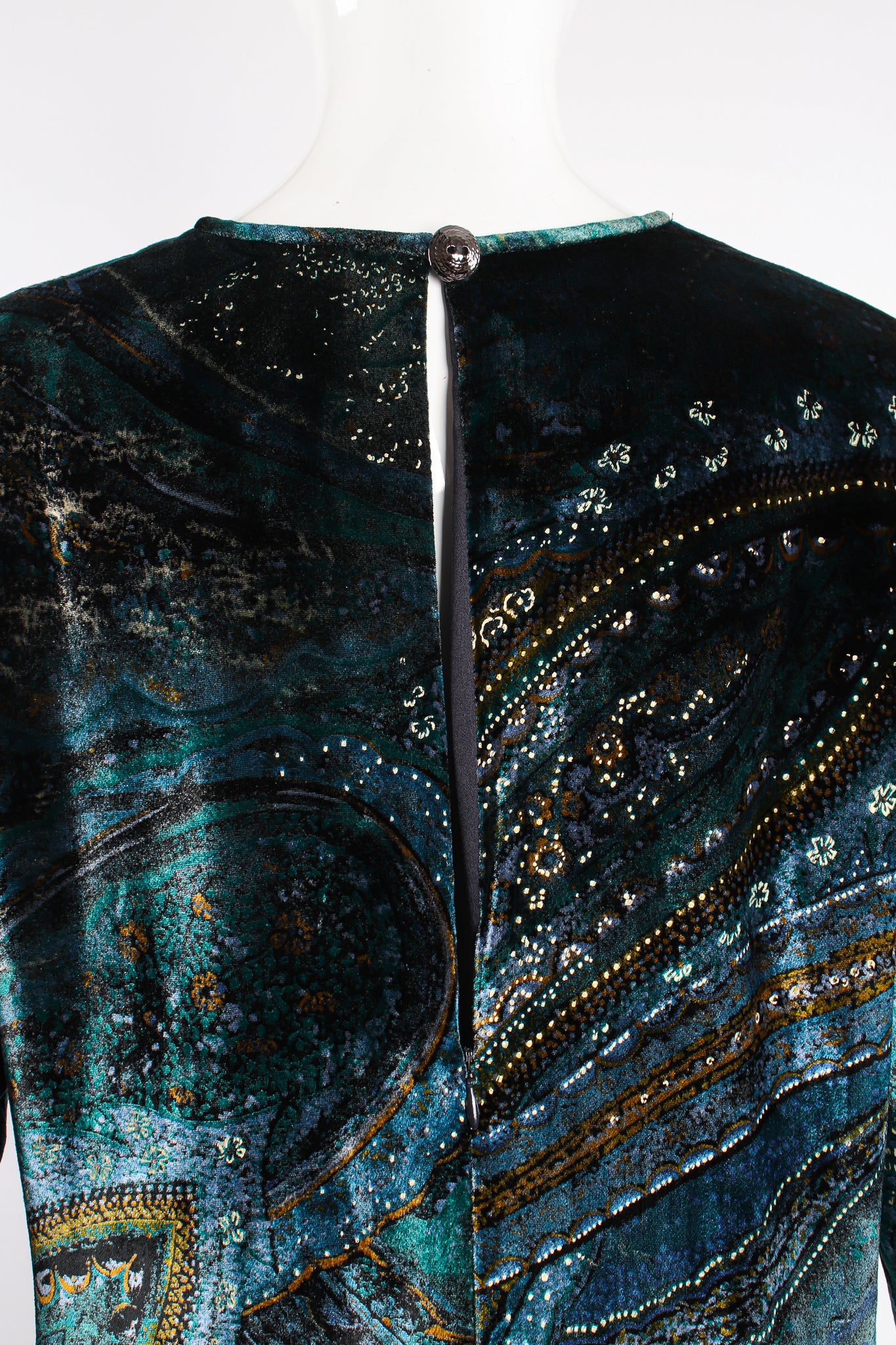 Vintage YSL Yves Saint Laurent Velvet Cosmic Paisley Gown II on Mannequin back neck at Recess LA