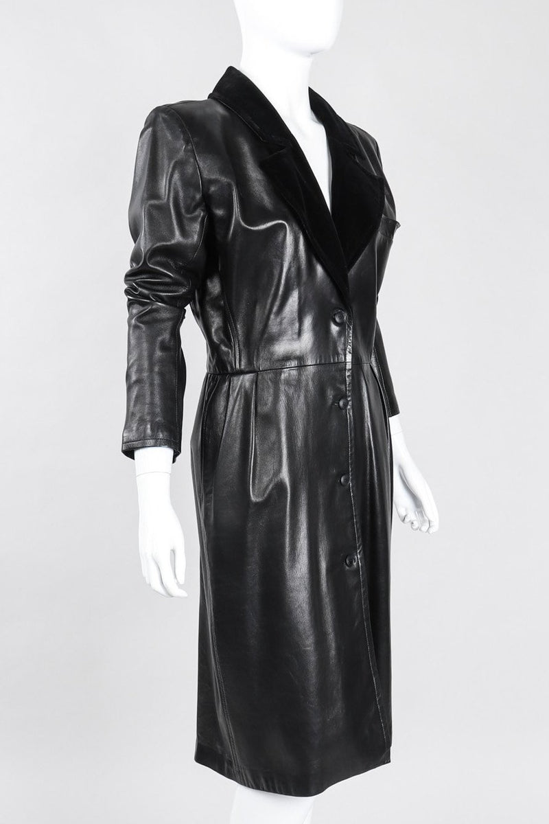 Vintage Yves Saint Laurent YSL Velvet Tipped Leather Coat Dress Recess Vintage Yves Saint Laurent YSL Velvet Tipped Leather Coat Dress Recess