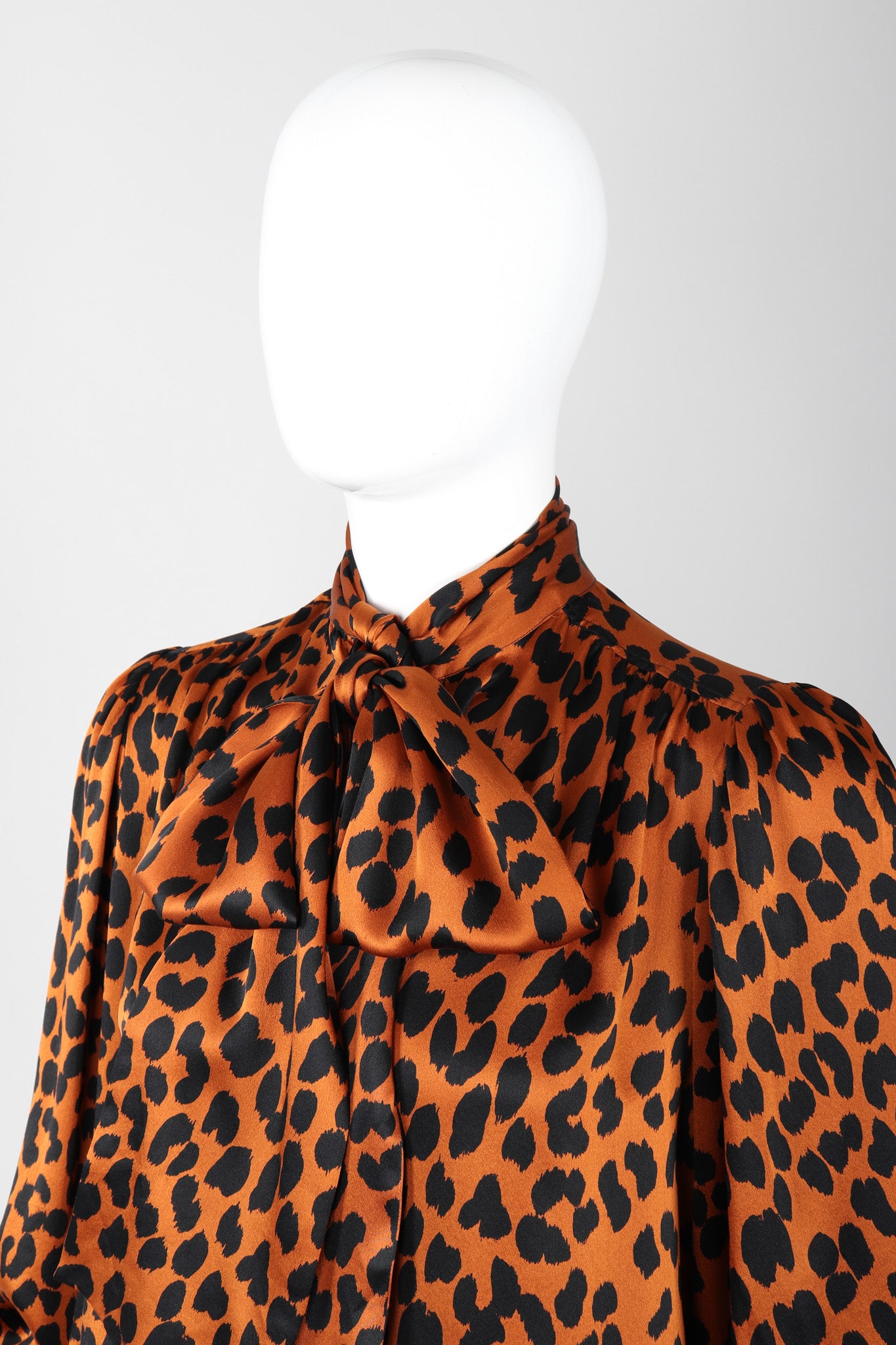 Recess Los Angeles Vintage Yves Saint Laurent Silk Animal Leopard Blouson Sleeves Button Cuff Long Neck Tie 