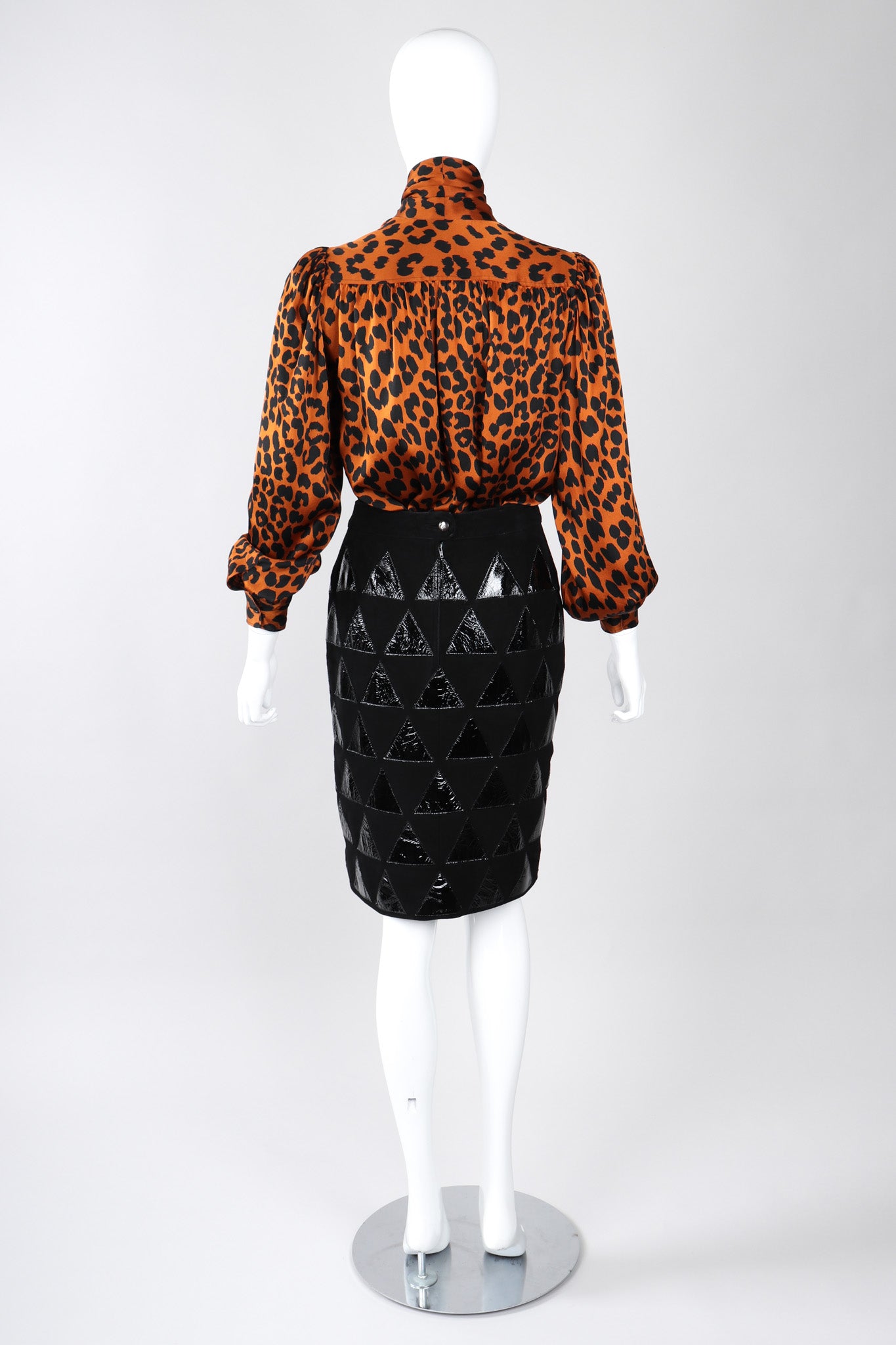 Recess Los Angeles Vintage Yves Saint Laurent Silk Animal Leopard Blouson Sleeves Button Cuff Long Neck Tie 