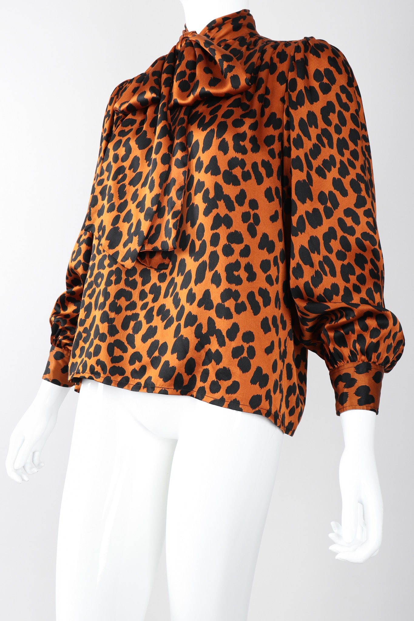 Recess Los Angeles Vintage Yves Saint Laurent Silk Animal Leopard Blouson Sleeves Button Cuff Long Neck Tie 