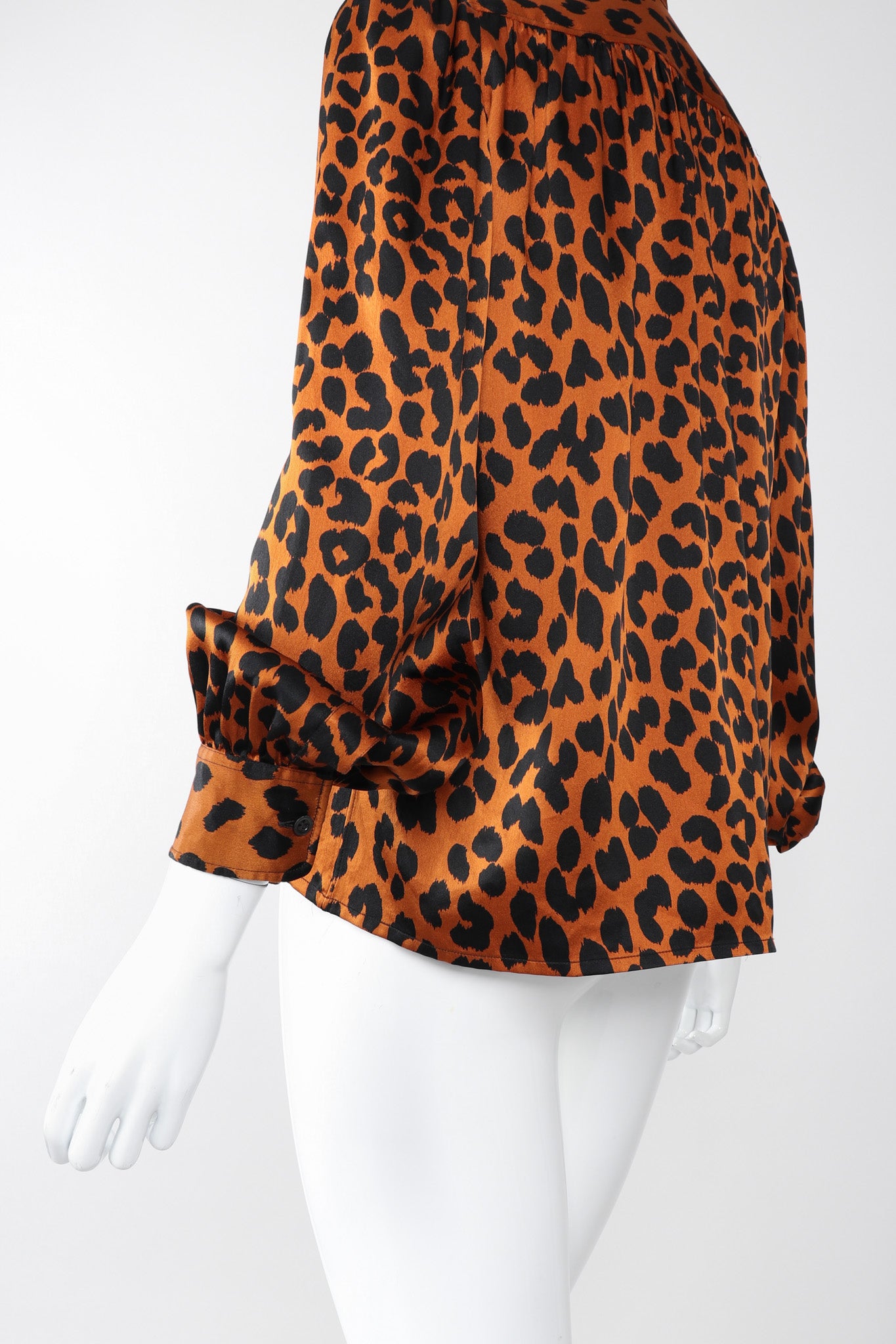Recess Los Angeles Vintage Yves Saint Laurent Silk Animal Leopard Blouson Sleeves Button Cuff Long Neck Tie 