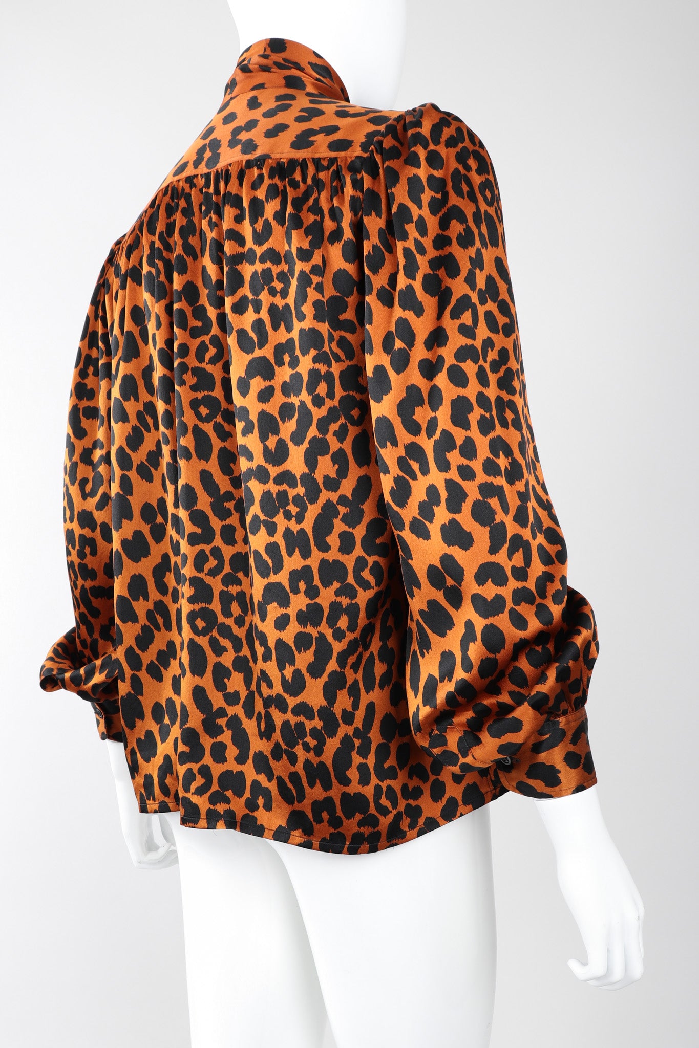 Recess Los Angeles Vintage Yves Saint Laurent Silk Animal Leopard Blouson Sleeves Button Cuff Long Neck Tie 