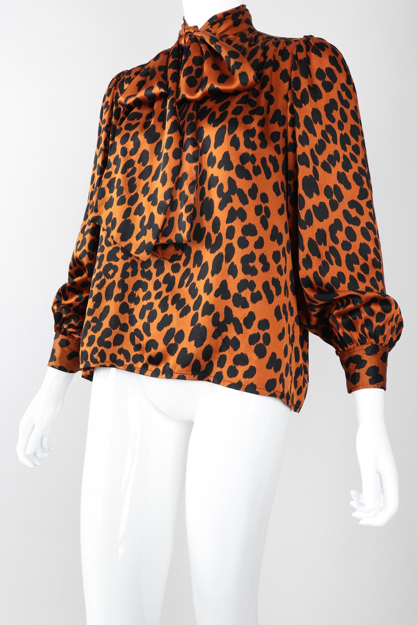 Recess Los Angeles Vintage Yves Saint Laurent Silk Animal Leopard Blouson Sleeves Button Cuff Long Neck Tie 