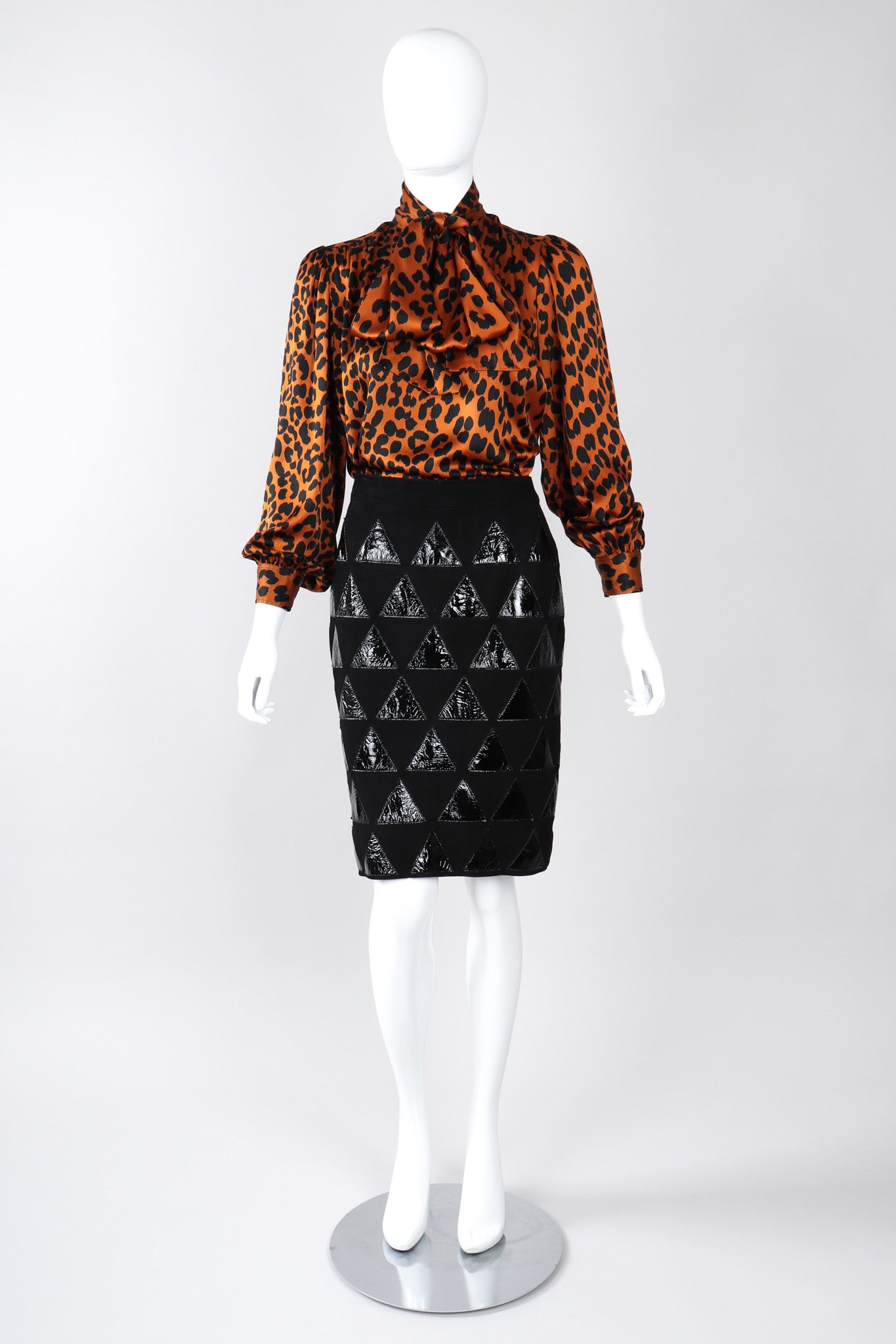 Recess Los Angeles Vintage Yves Saint Laurent Silk Animal Leopard Blouson Sleeves Button Cuff Long Neck Tie 