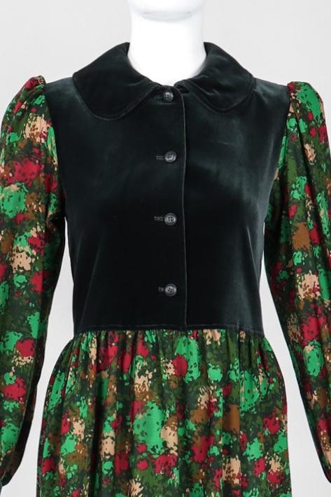 Recess Los Angeles Vintage YSL Yves Saint Laurent Russian Collection Velvet Bodice Camo Print Peter Pan Collar Folk Dress
