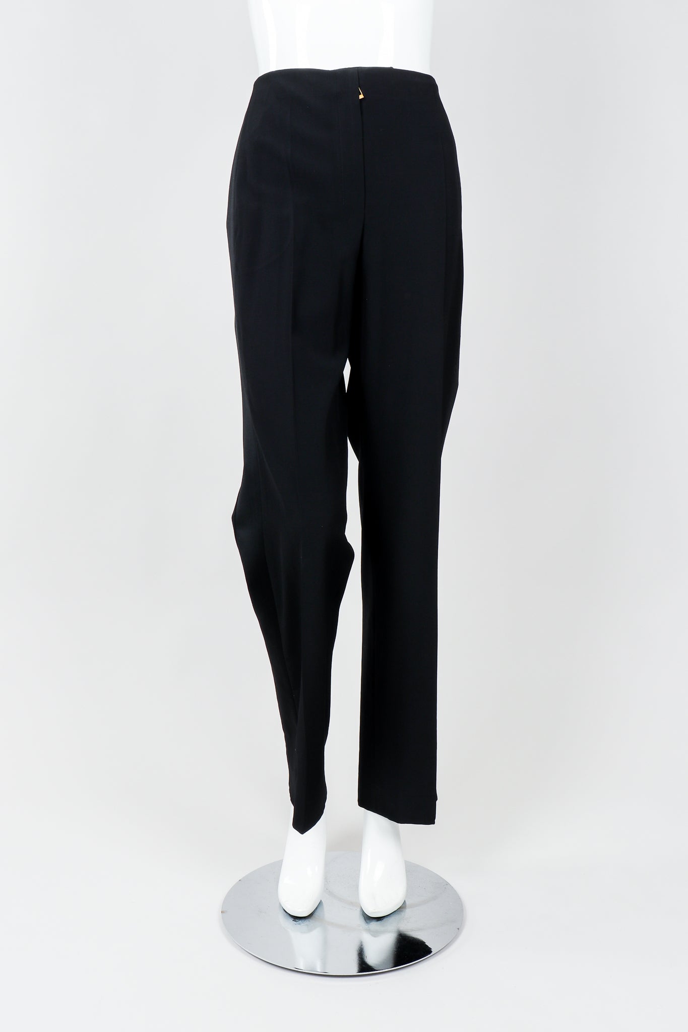 Vintage YSL Saint Laurent Black Clean Waist Tuxedo Trousers on Mannequin Front, at Recess