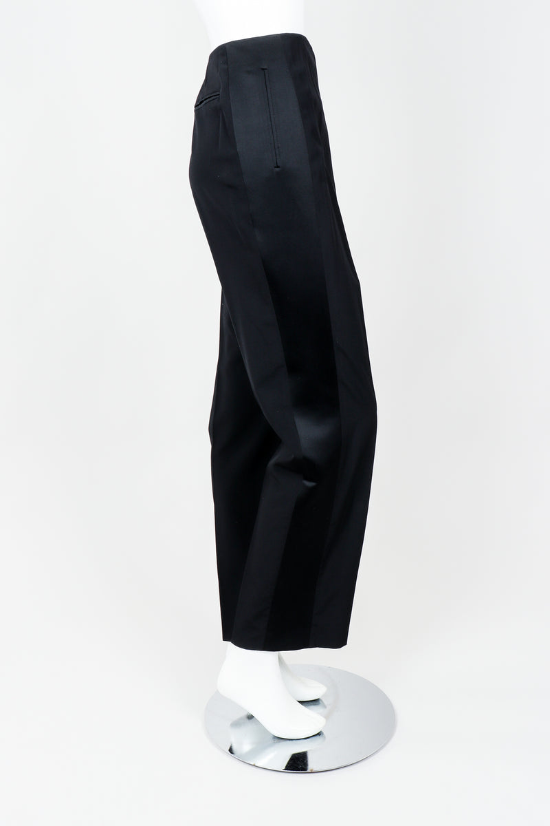 Vintage YSL Saint Laurent Black Clean Waist Tuxedo Trousers on Mannequin Side, at Recess