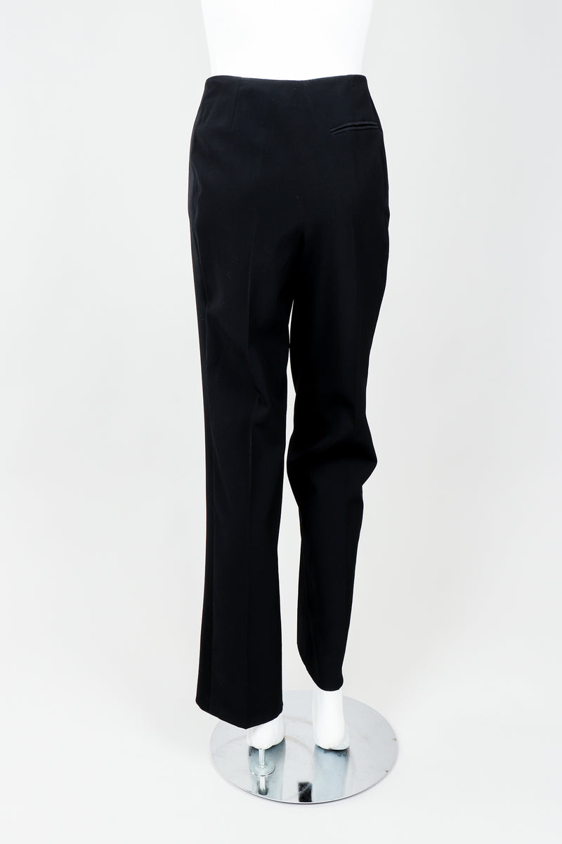 Vintage YSL Saint Laurent Black Clean Waist Tuxedo Trousers on Mannequin Back, at Recess