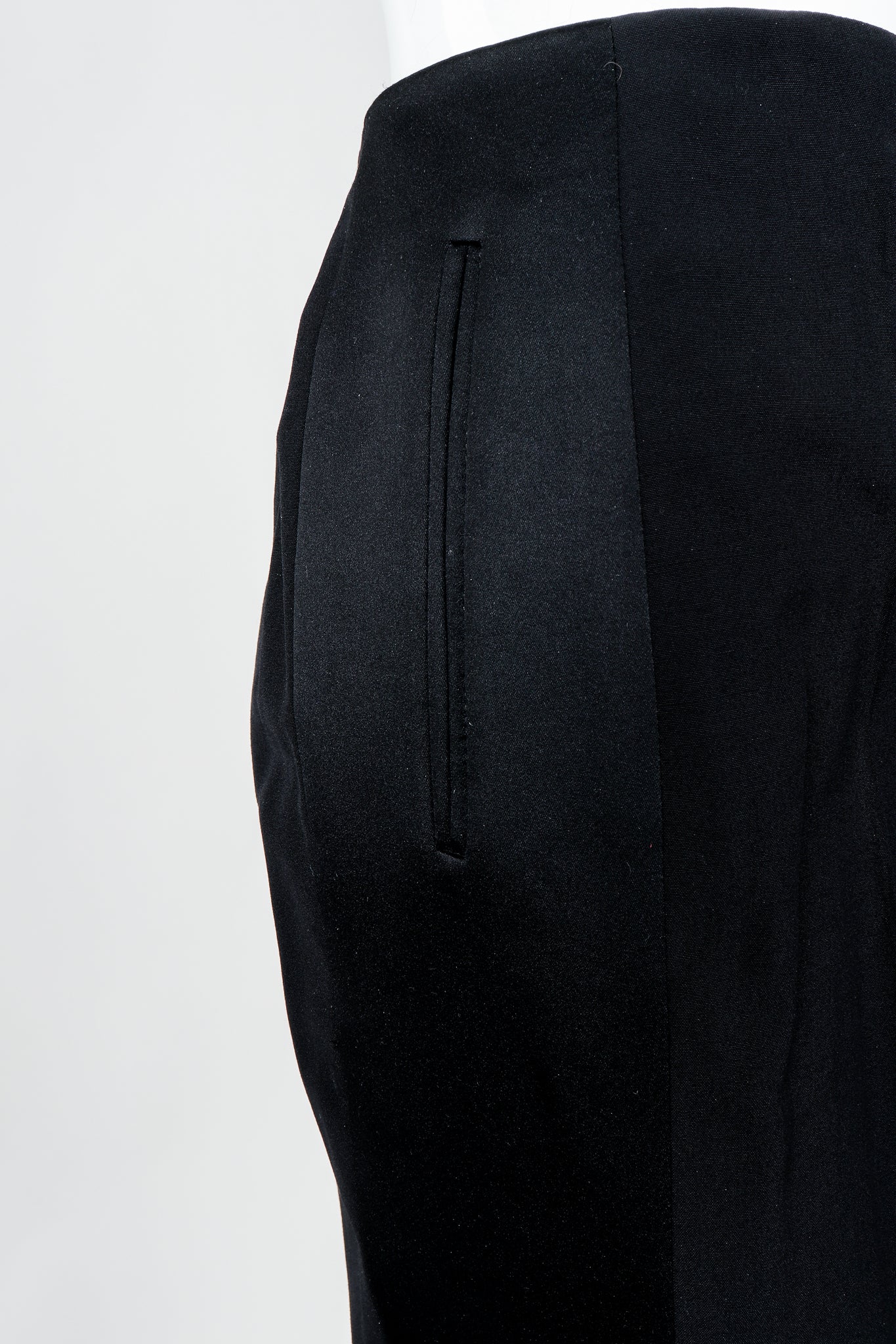 Vintage YSL Saint Laurent Black Clean Waist Tuxedo Trousers on Mannequin pockets, at Recess