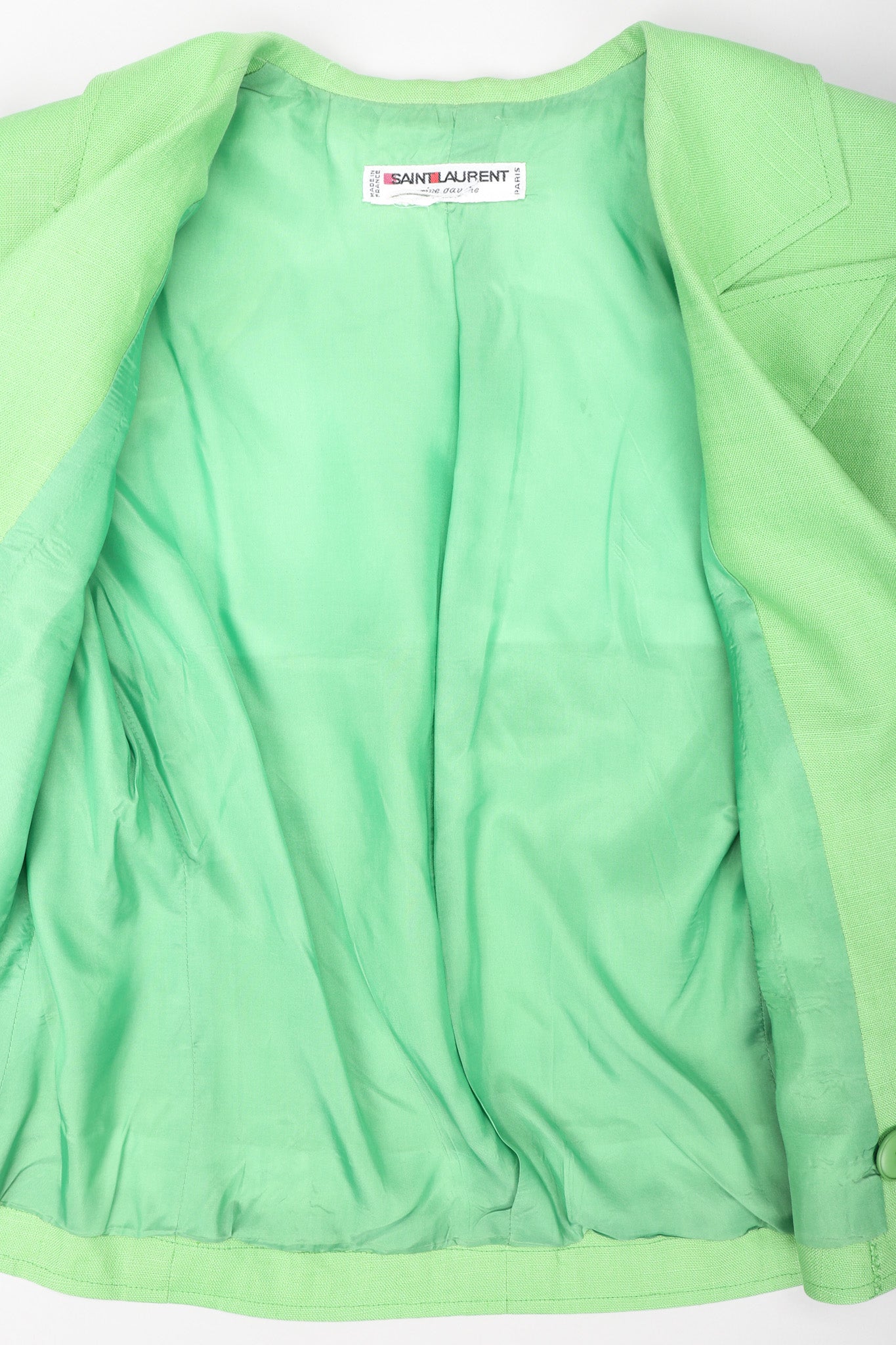 Recess Los Angeles Vintage YSL Yves Saint Laurent Spring Green Mid Puff Sleeve Linen Flax Jacket