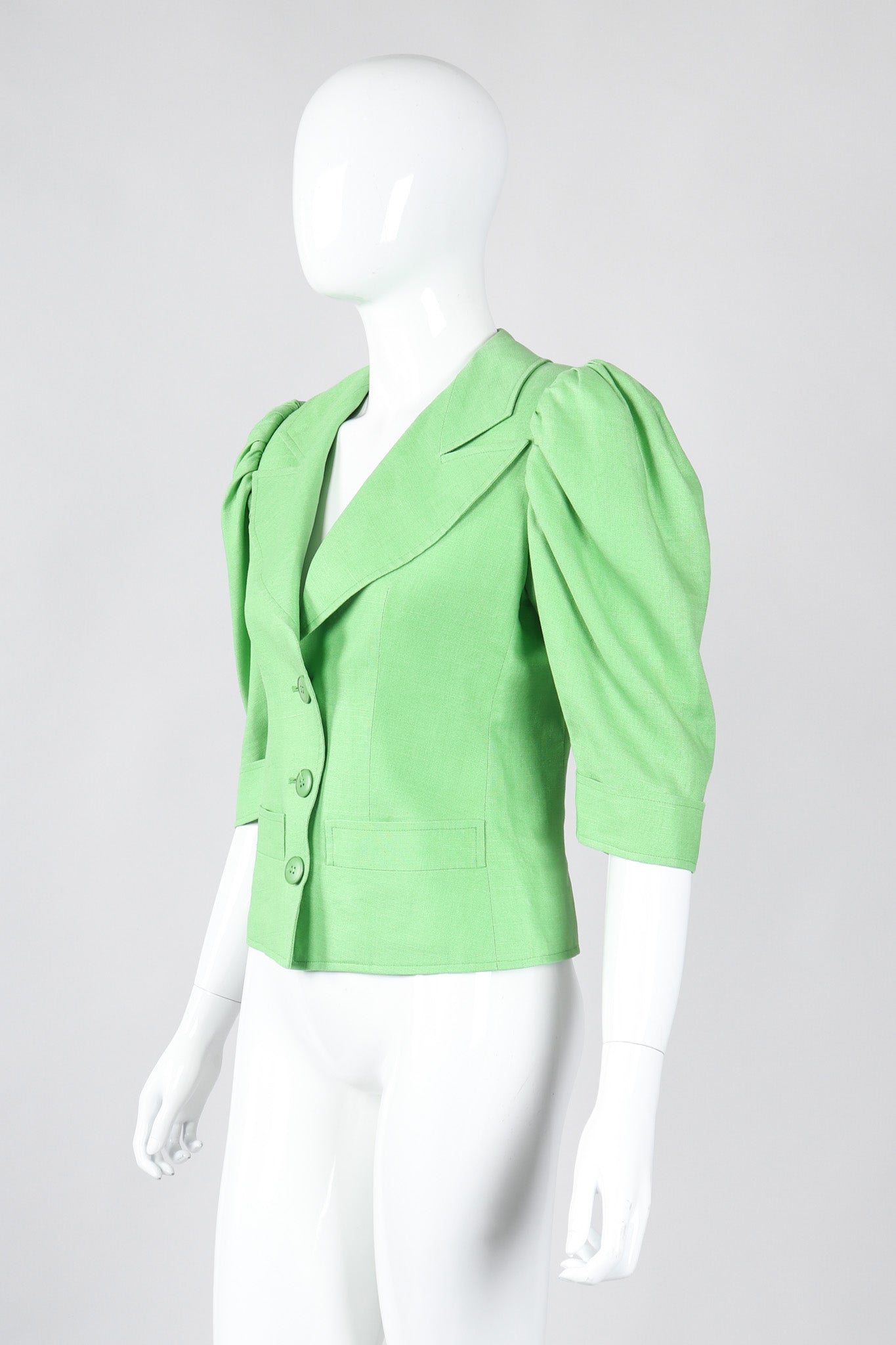 Recess Los Angeles Vintage YSL Yves Saint Laurent Spring Green Mid Puff Sleeve Linen Flax Jacket