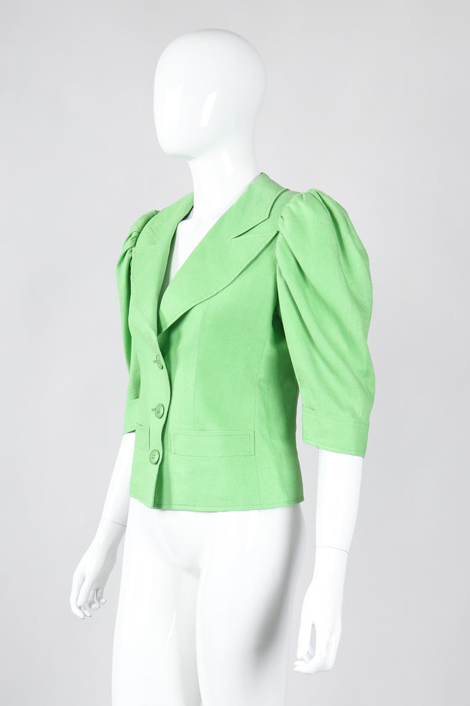 Recess Los Angeles Vintage YSL Yves Saint Laurent Spring Green Mid Puff Sleeve Linen Flax Jacket
