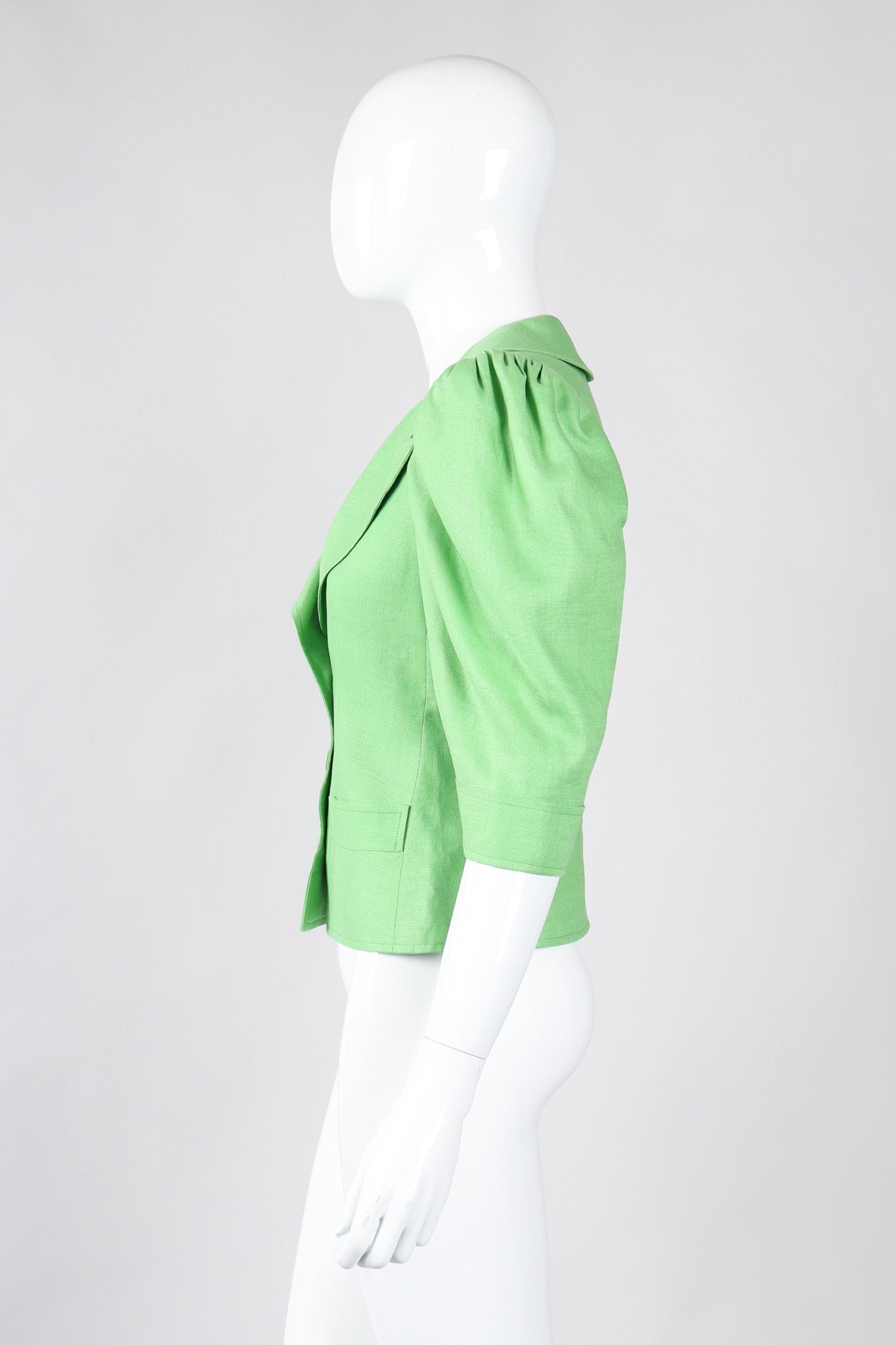 Recess Los Angeles Vintage YSL Yves Saint Laurent Spring Green Mid Puff Sleeve Linen Flax Jacket