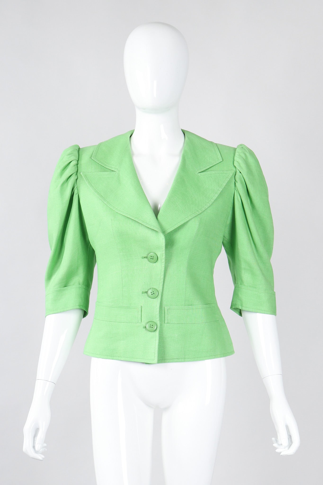 Recess Los Angeles Vintage YSL Yves Saint Laurent Spring Green Mid Puff Sleeve Linen Flax Jacket
