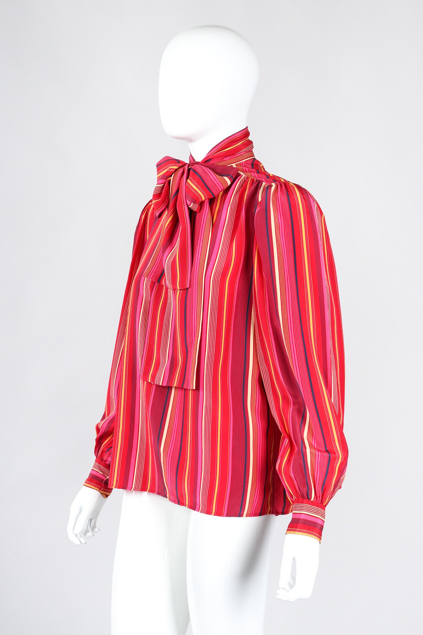 Recess Los Angeles Vintage YSL Yves Saint Laurent Pink Striped Silk Bow Blouse