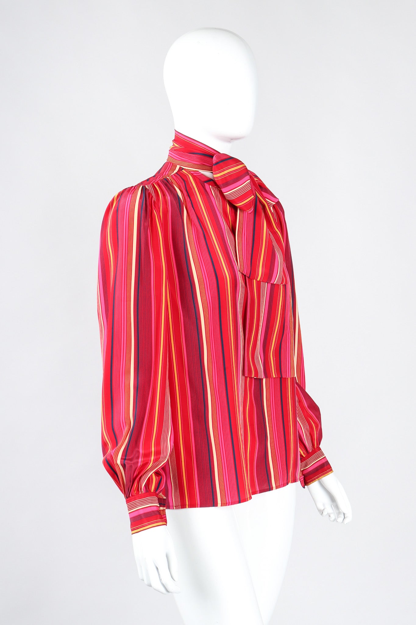 Recess Los Angeles Vintage YSL Yves Saint Laurent Pink Striped Silk Bow Blouse