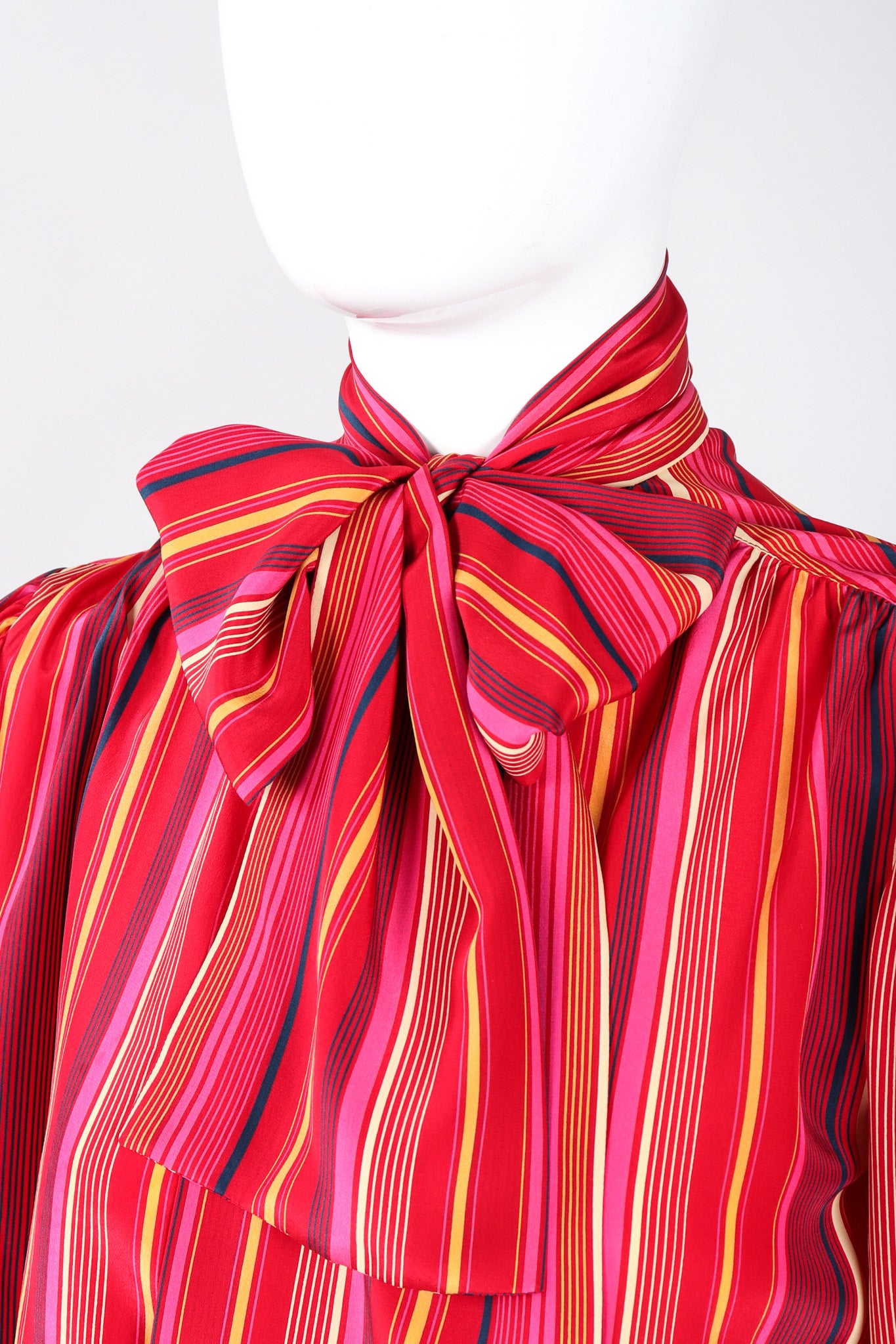 Recess Los Angeles Vintage YSL Yves Saint Laurent Pink Striped Silk Bow Blouse