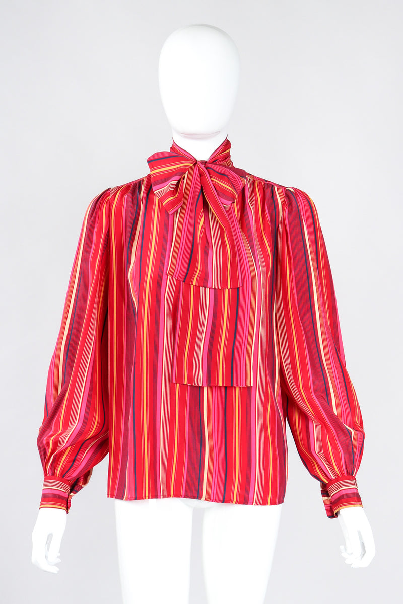 Recess Los Angeles Vintage YSL Yves Saint Laurent Pink Striped Silk Bow Blouse