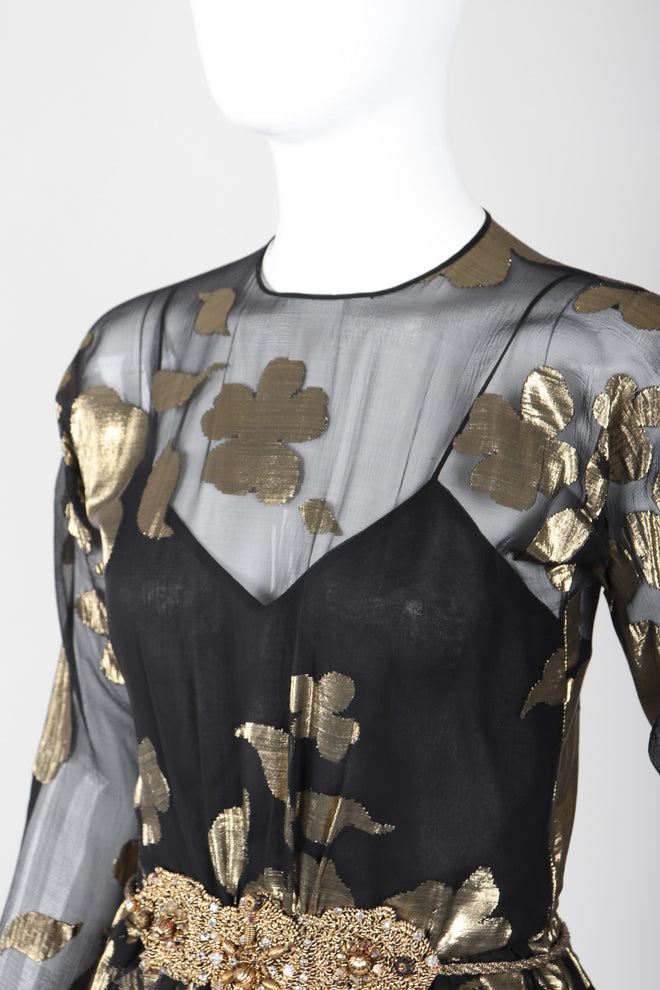 Recess Los Angeles Vintage Saks-Jandel Sheer Chiffon Gold Lamé Blossom Draped Dress
