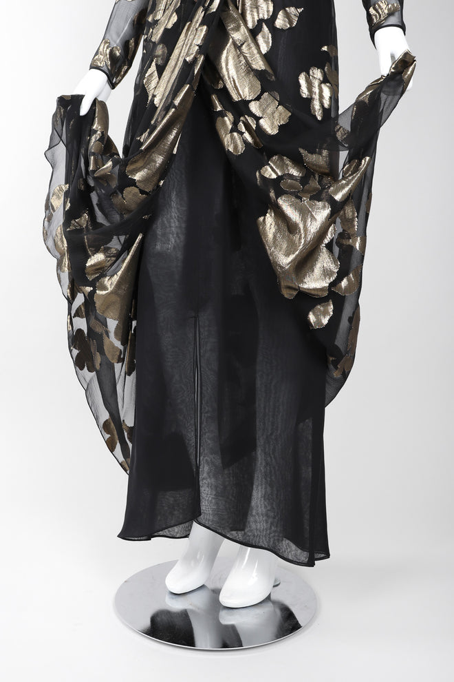 Recess Los Angeles Vintage Saks-Jandel Sheer Chiffon Gold Lamé Blossom Draped Dress