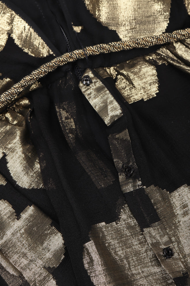 Recess Los Angeles Vintage Saks-Jandel Sheer Chiffon Gold Lamé Blossom Draped Dress