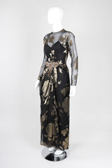 Recess Los Angeles Vintage Saks-Jandel Sheer Chiffon Gold Lamé Blossom Draped Dress