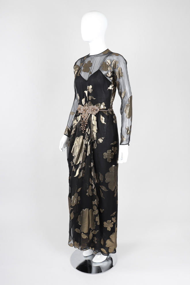 Recess Los Angeles Vintage Saks-Jandel Sheer Chiffon Gold Lamé Blossom Draped Dress