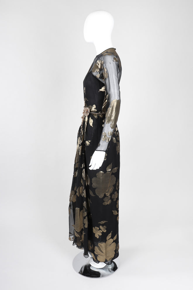 Recess Los Angeles Vintage Saks-Jandel Sheer Chiffon Gold Lamé Blossom Draped Dress
