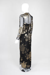 Recess Los Angeles Vintage Saks-Jandel Sheer Chiffon Gold Lamé Blossom Draped Dress