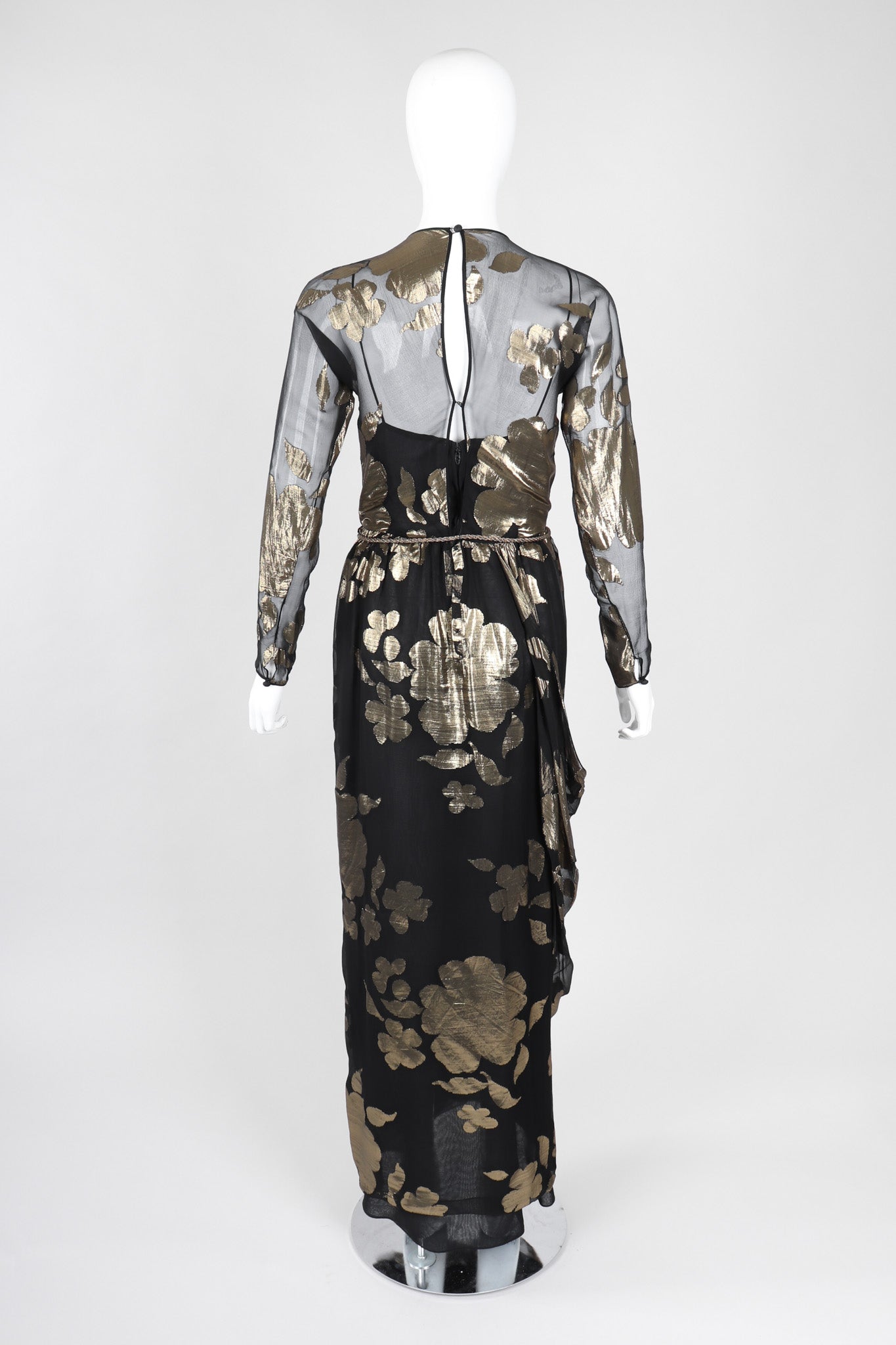 Recess Los Angeles Vintage Saks-Jandel Sheer Chiffon Gold Lamé Blossom Draped Dress