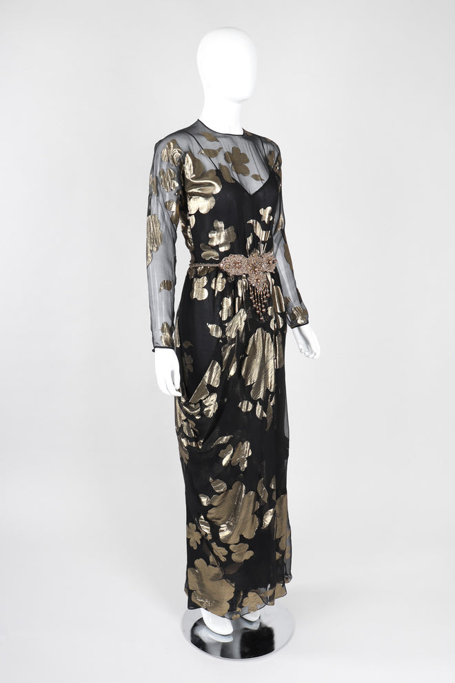 Recess Los Angeles Vintage Saks-Jandel Sheer Chiffon Gold Lamé Blossom Draped Dress