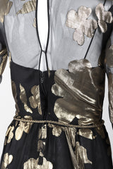Recess Los Angeles Vintage Saks-Jandel Sheer Chiffon Gold Lamé Blossom Draped Dress