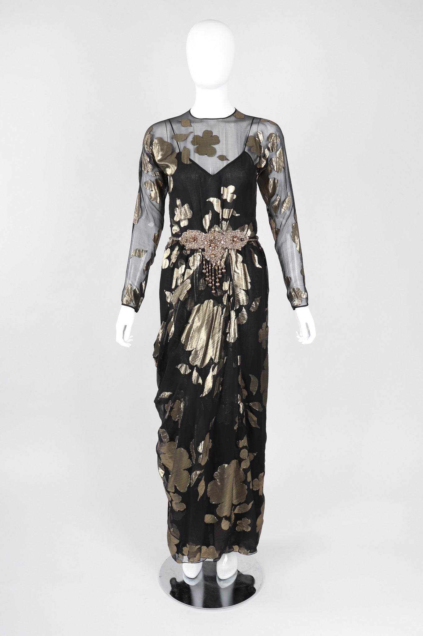 Recess Los Angeles Vintage Saks-Jandel Sheer Chiffon Gold Lamé Blossom Draped Dress